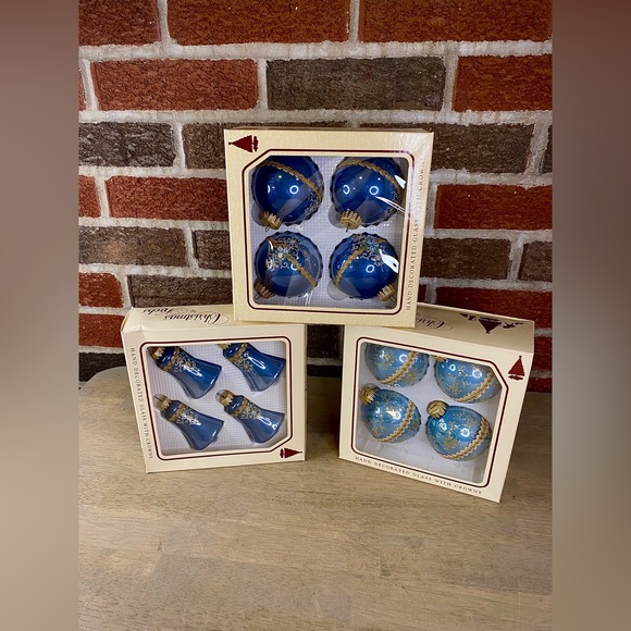 Krebs Other - Christmas‎ by Krebs Christmas Ornaments Blue & Teal Glitter Flowers VTG